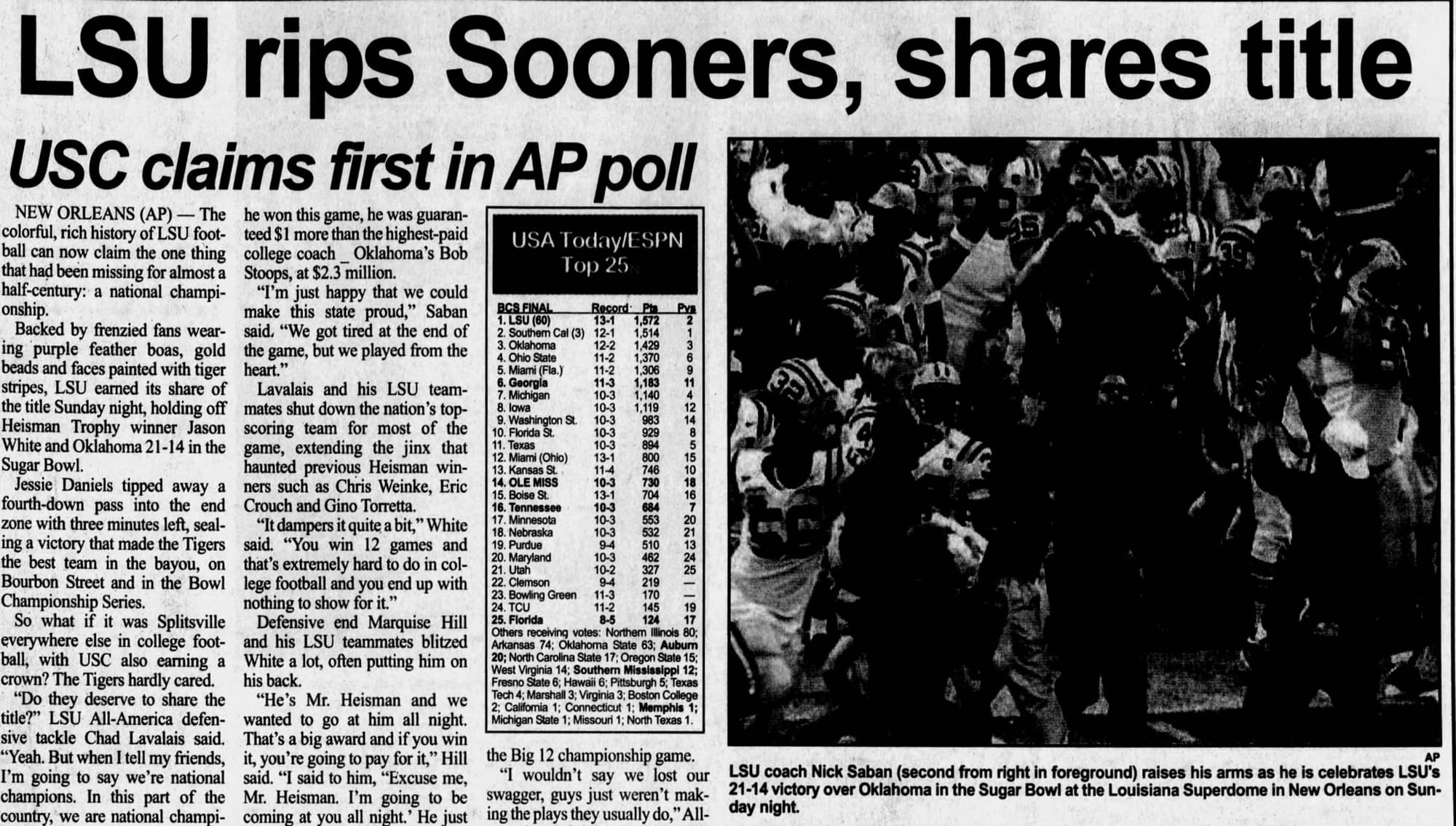 “LSU rips Sooners, shares title — USC claims first in AP poll.” The system built to prevent this headline produced it.