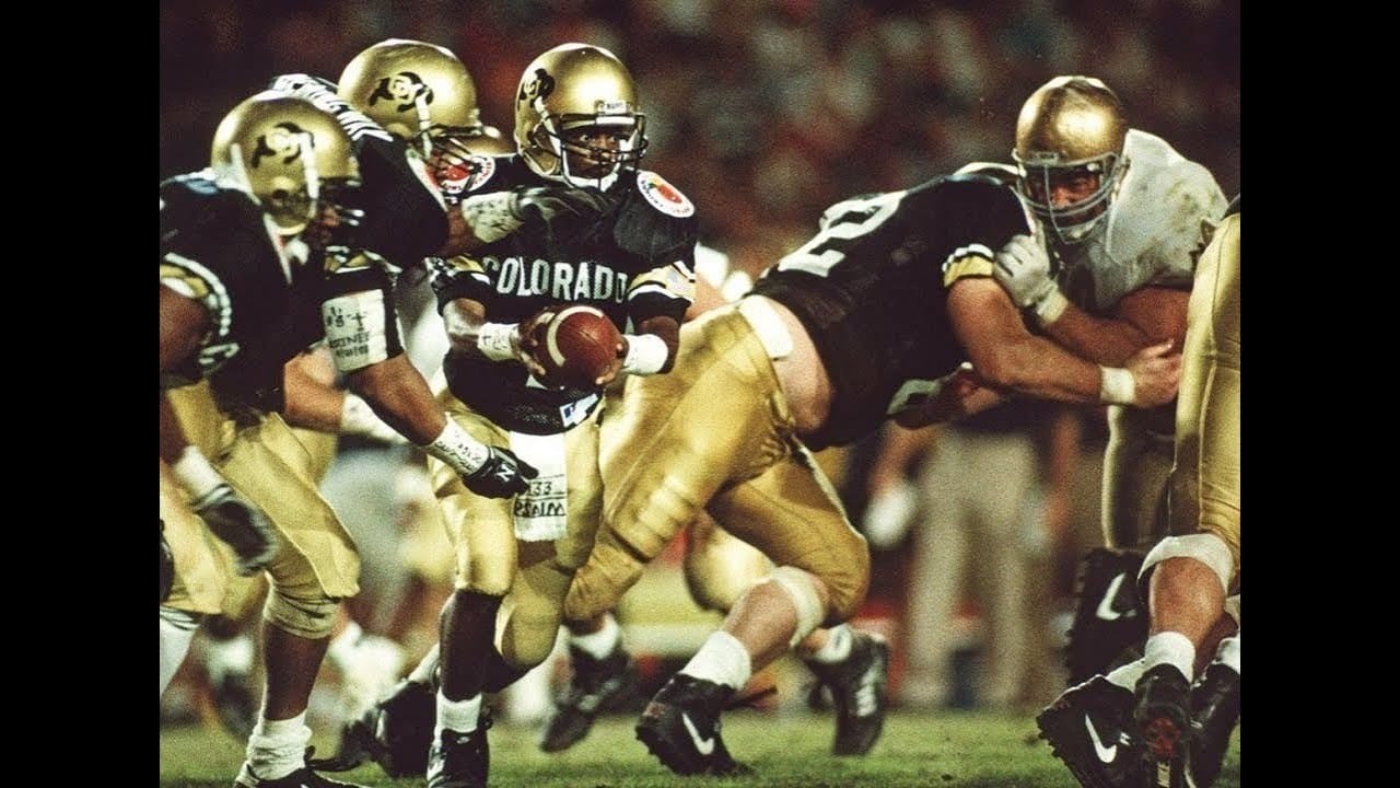 The 1991 Orange Bowl — Colorado 10, Notre Dame 9, one flag from a different champion.