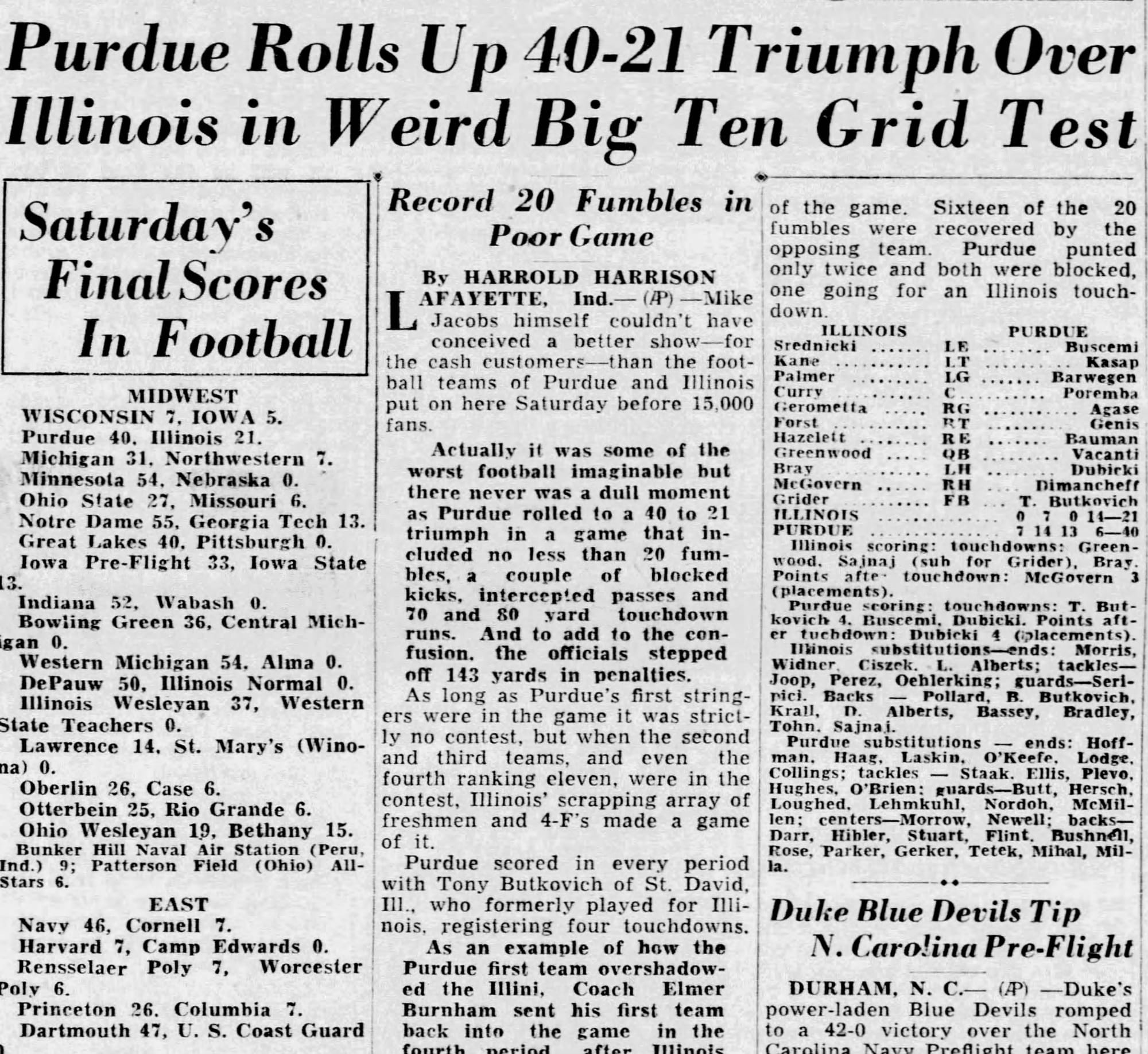 The Capital Times (Madison, Wis.), Oct. 3, 1943: "Record 20 Fumbles in Poor Game."