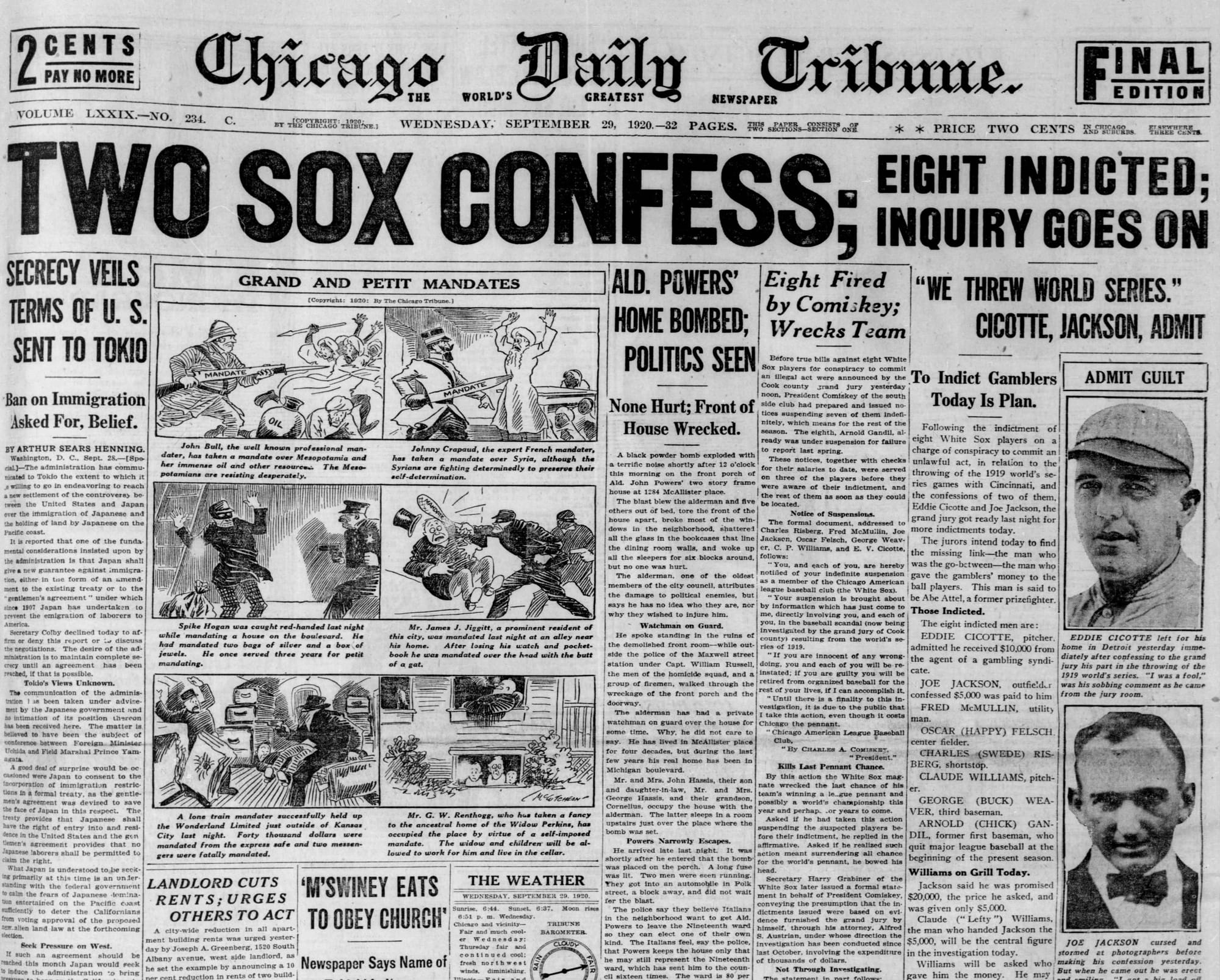 Chicago Tribune, Sept. 29, 1920: "TWO SOX CONFESS; EIGHT INDICTED."