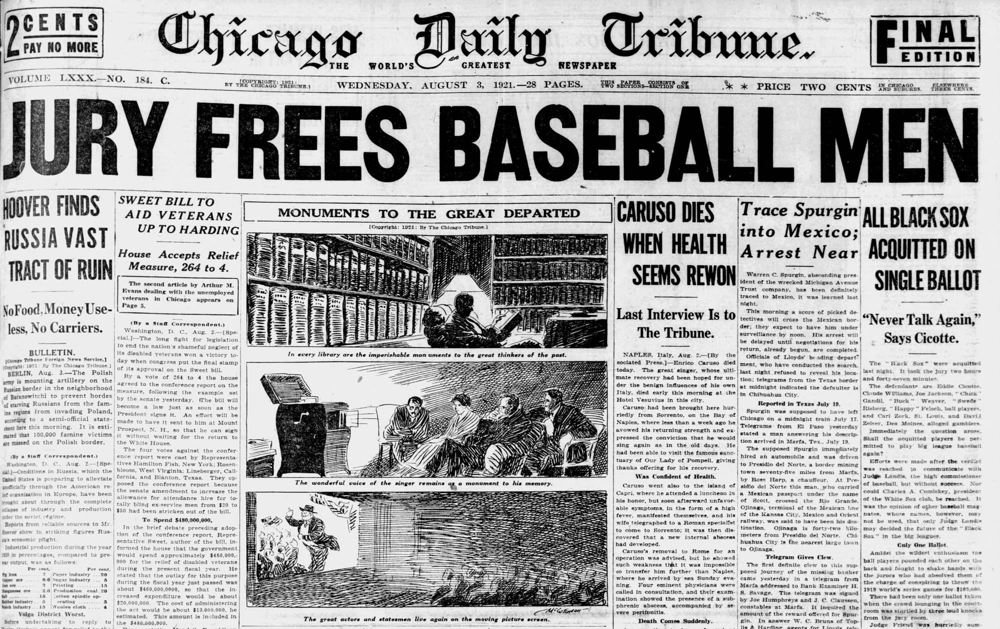 Chicago Tribune, Aug. 3, 1921: "JURY FREES BASEBALL MEN."
