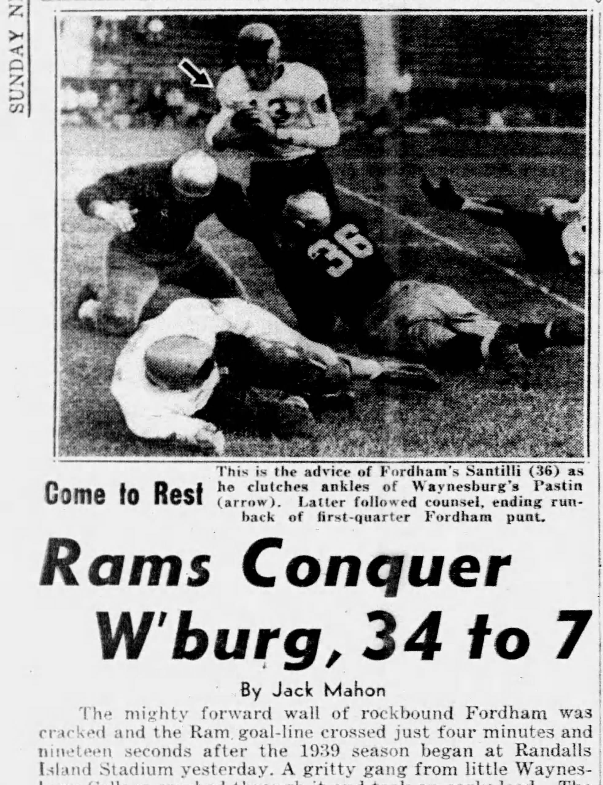 New York Daily News, Oct. 1, 1939. Fordham's Santilli (36) brings down Waynesburg's Pastin on a first-quarter punt return.