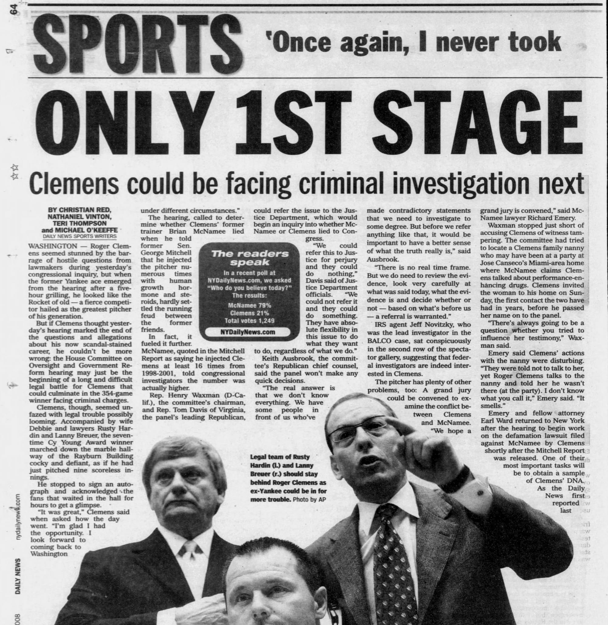 New York Daily News, Feb. 14, 2008, the morning after Clemens testified before Congress.