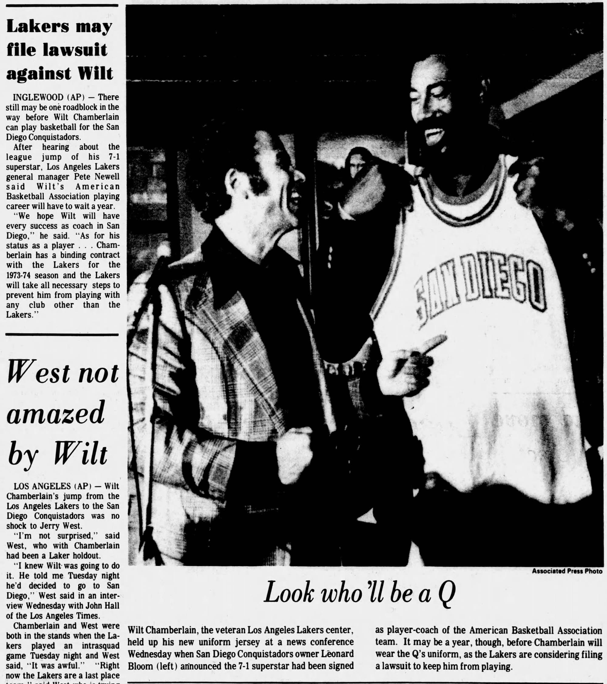 Daily Times-Advocate (Escondido, Calif.), Sept. 27, 1973. Bloom (left) with Chamberlain at the news conference.