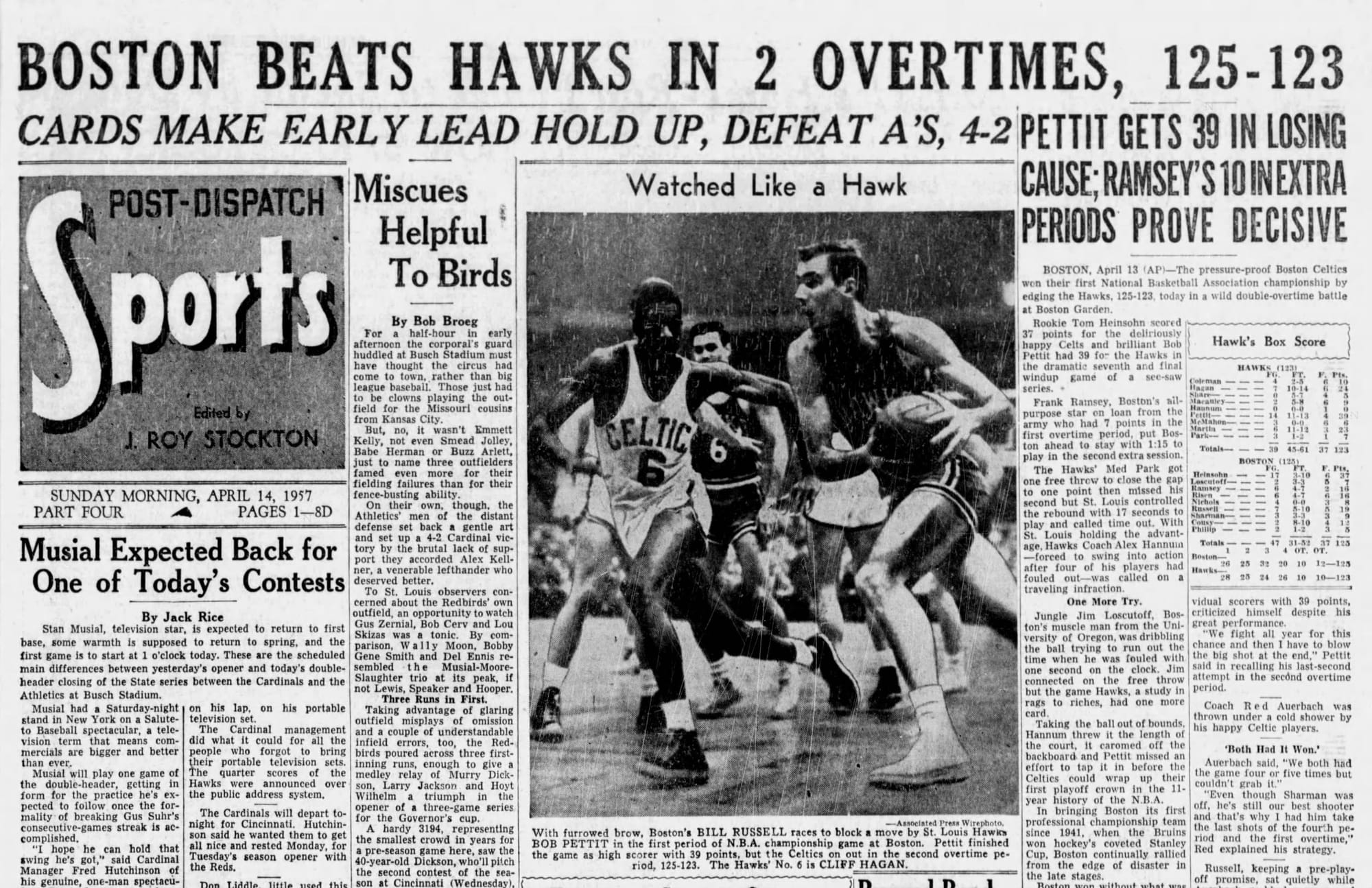 St. Louis Post-Dispatch, April 14, 1957. Bill Russell guards Pettit in Game 7.