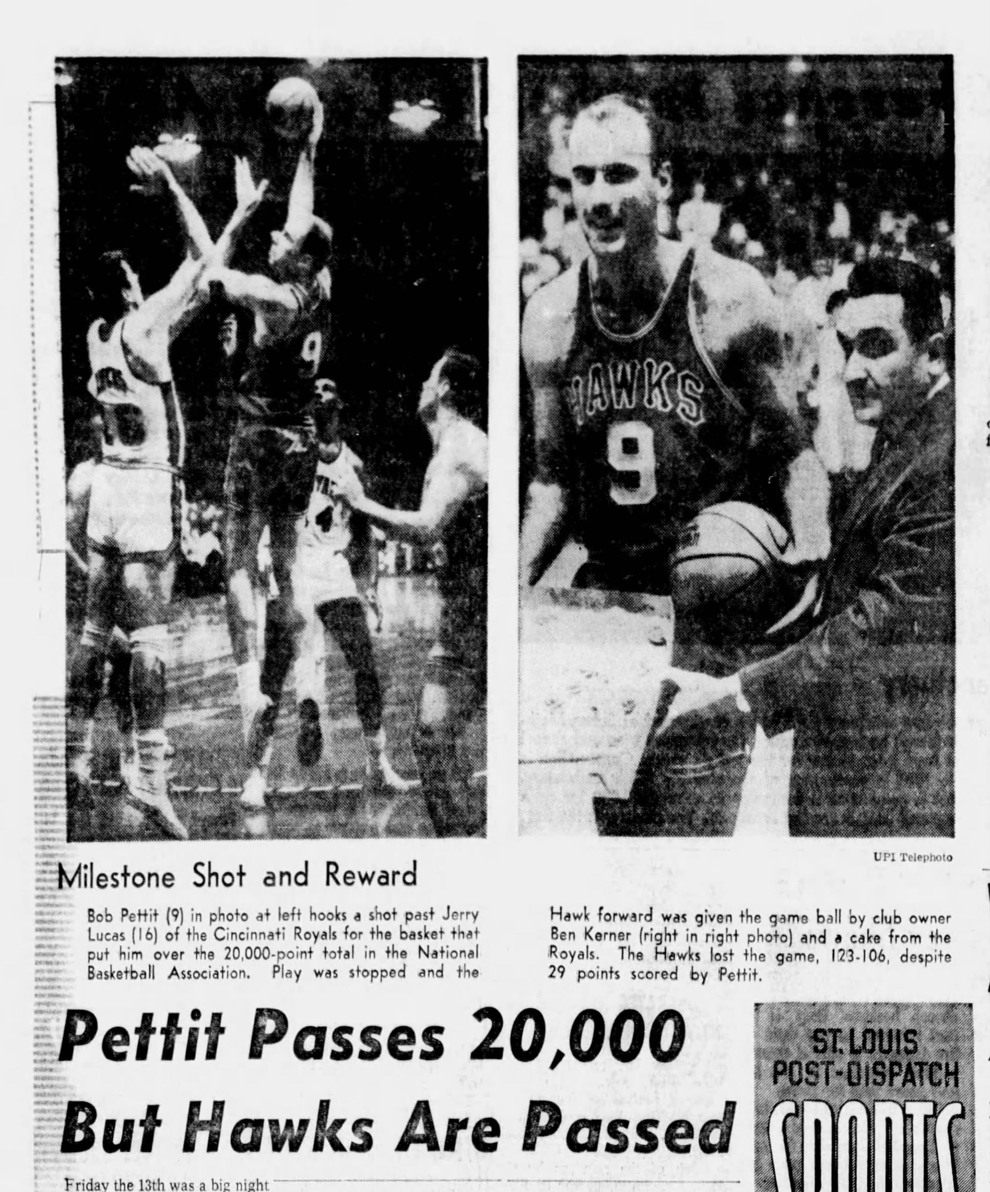 St. Louis Post-Dispatch, Nov. 14, 1964. Left: the hook over Jerry Lucas for No. 20,000. Right: the game ball from Ben Kerner.