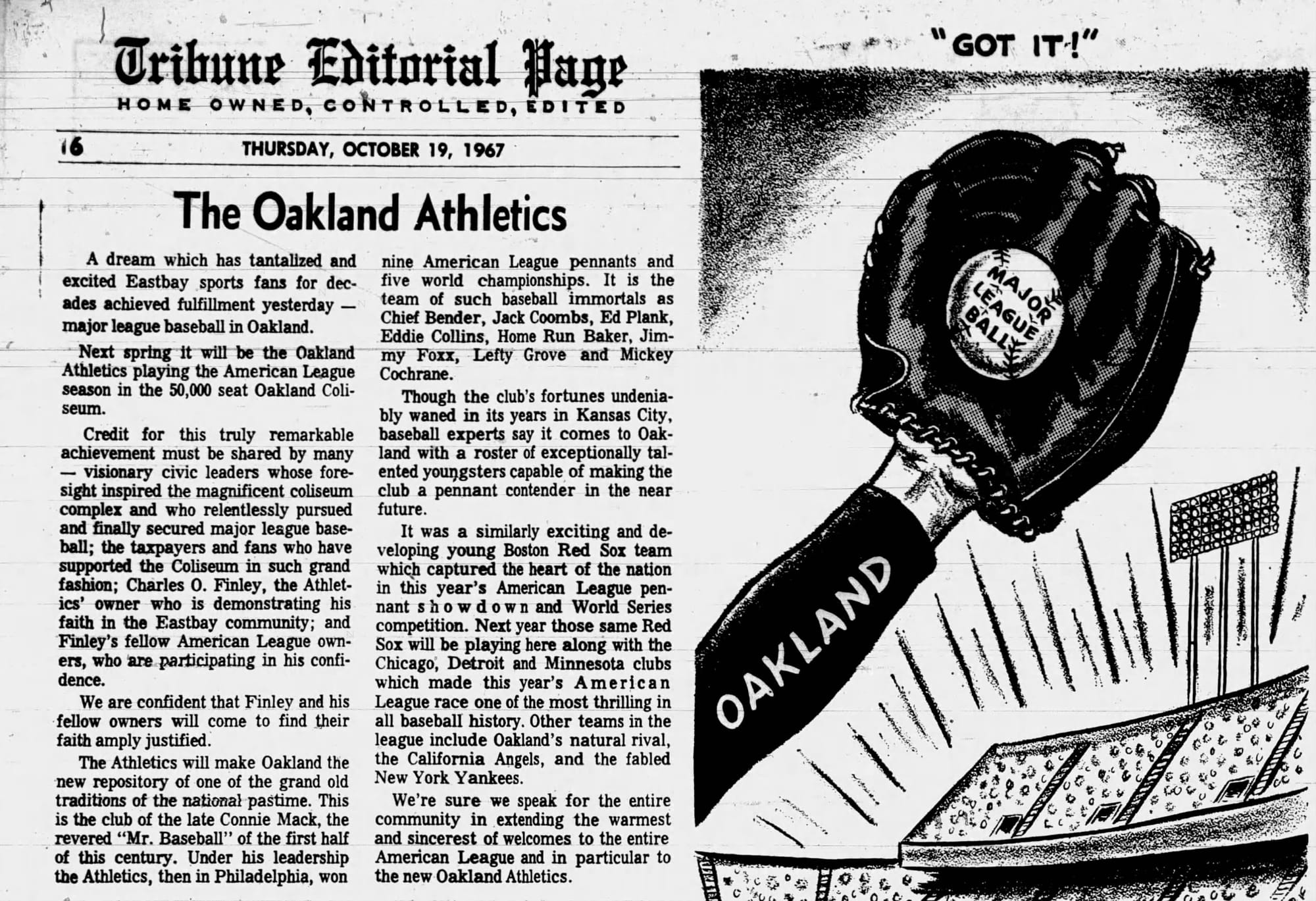 Oakland Tribune editorial page, Oct. 19, 1967: "The Oakland Athletics."
