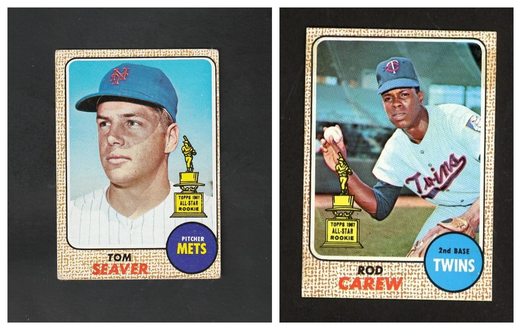 1968 Topps: Tom Seaver #45 and Rod Carew #80, on the burlap border.
