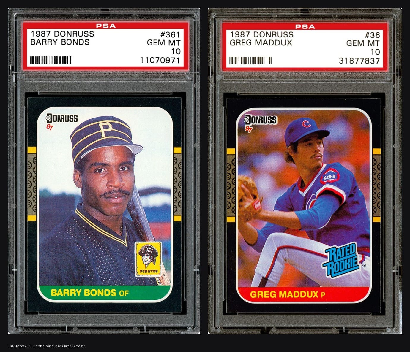 And in the same set, unrated: Barry Bonds at #361, next to a badged Maddux at #36.