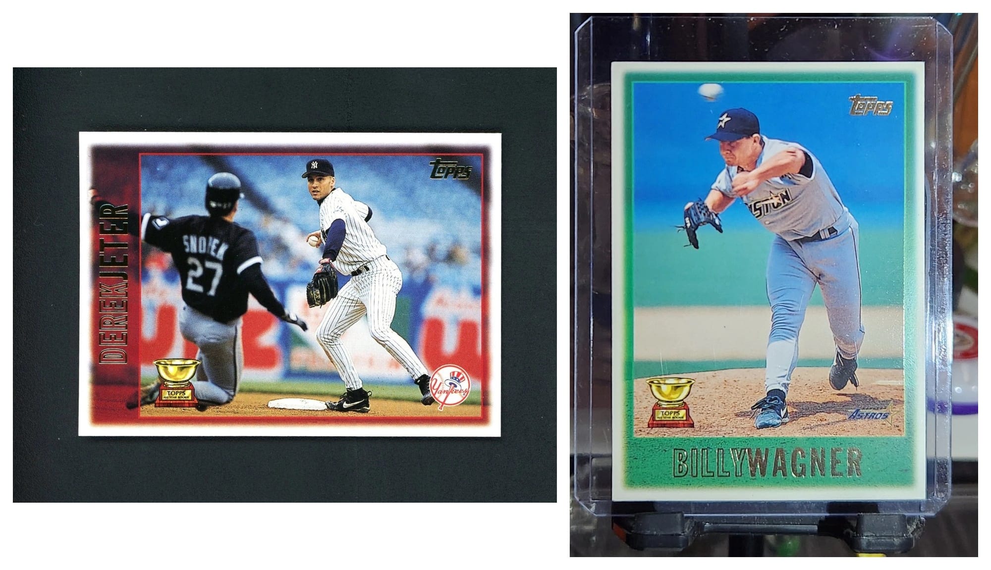 1997 Topps: Derek Jeter #13, turning a double play over the White Sox' Chris Snopek, and Billy Wagner #22.