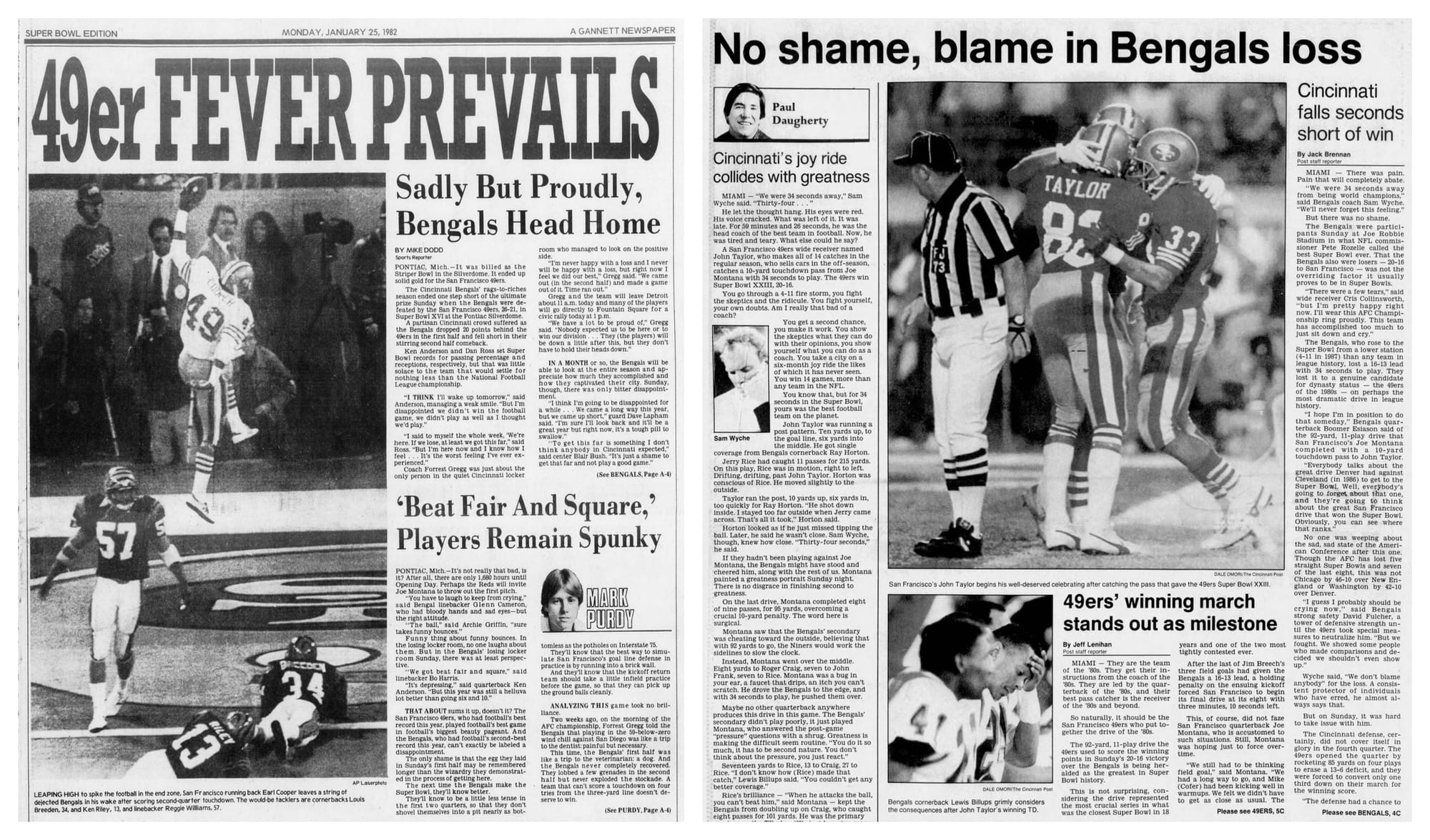 Both Bengals Super Bowl losses to the 49ers, as Cincinnati read them the next morning: the Enquirer on Jan. 25, 1982, and the Post on Jan. 23, 1989. Sam Wyche, quoted inside: