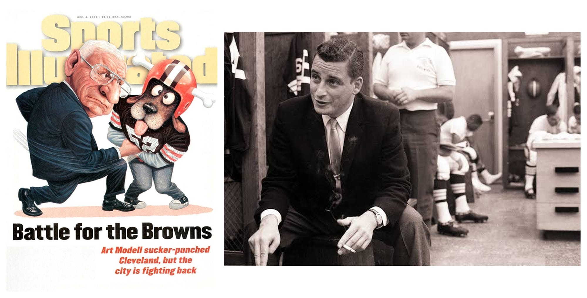 Art Modell in the Browns' locker room early in his ownership, and the Sports Illustrated cover of Dec. 4, 1995, after he moved the team.