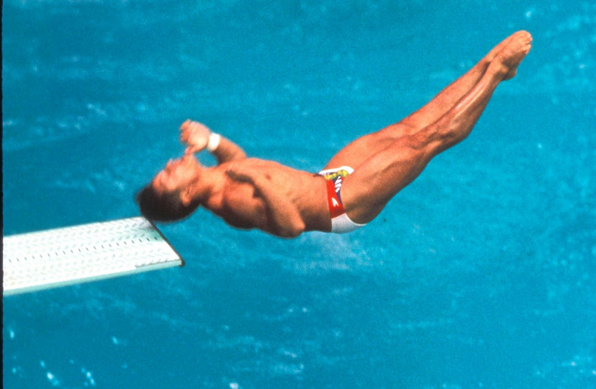 Louganis over the springboard in the preliminaries, Sept. 19, 1988.