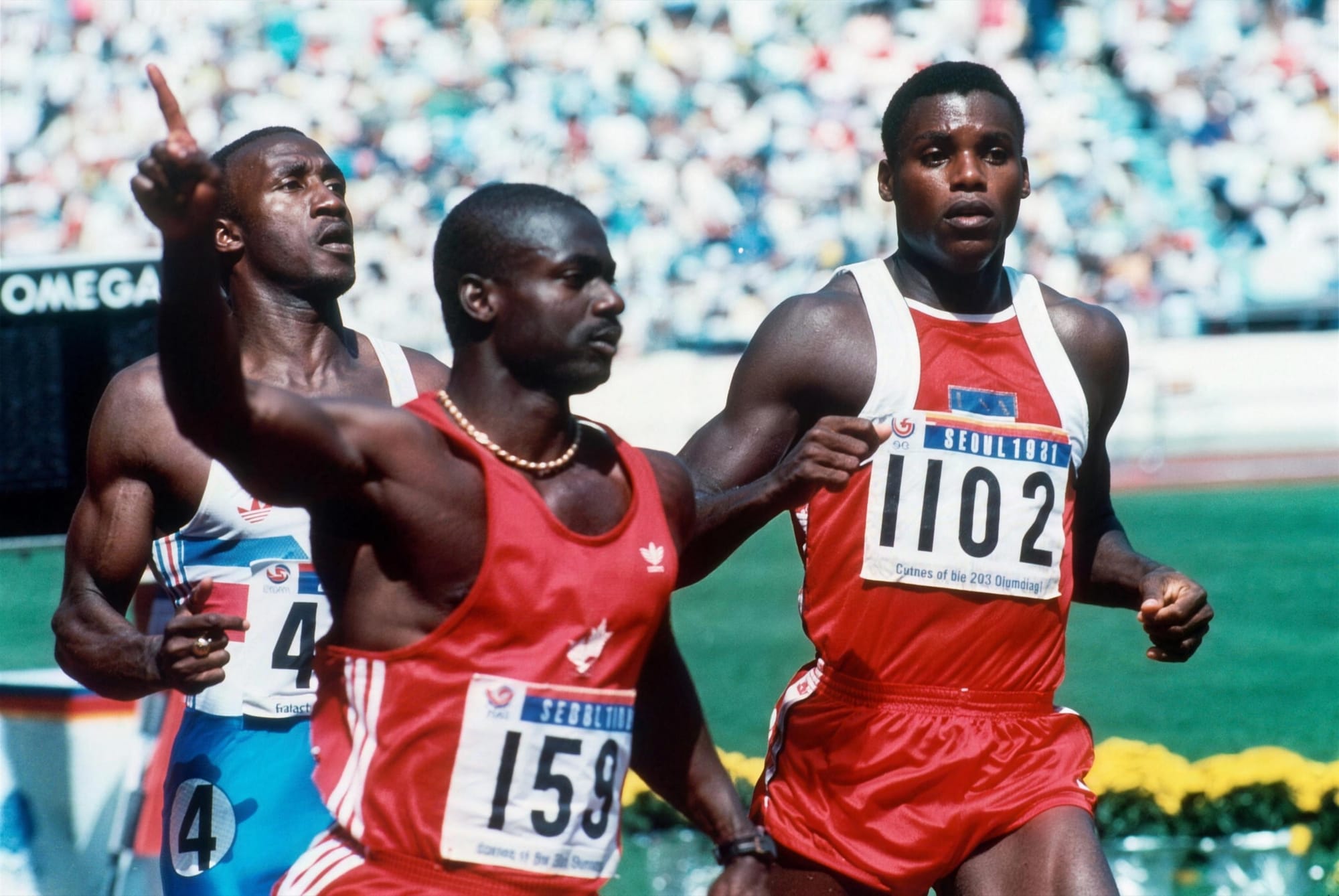 Sept. 24, 1988. Johnson, 159, with the finger already up. Lewis, 1102, is looking across at him.