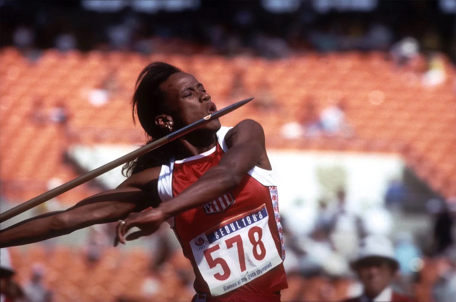 Jackie Joyner-Kersee throwing the javelin in the heptathlon. Her 7,291 points still stand.