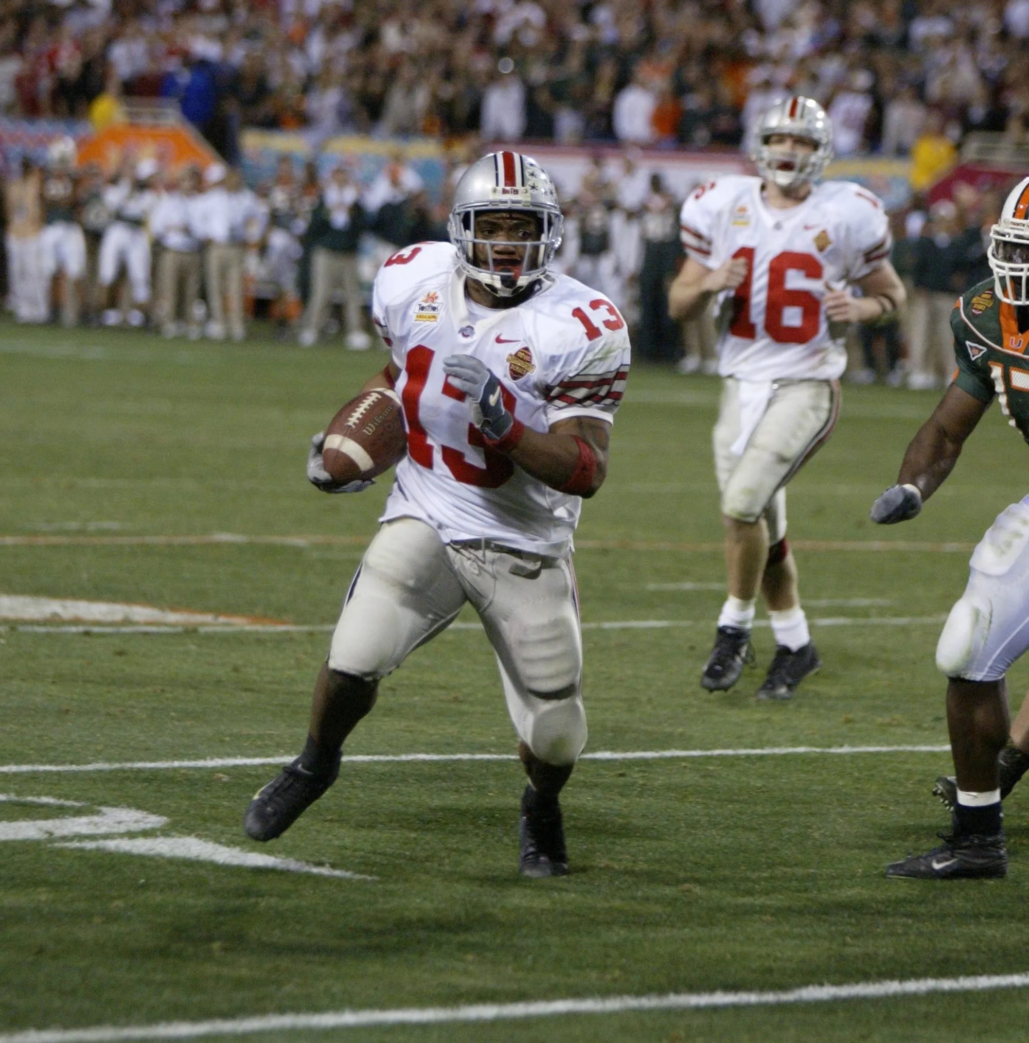 Maurice Clarett in the Fiesta Bowl that made Ohio State national champions, January 2003. Craig Krenzel is behind him. He never played another college game after that season.