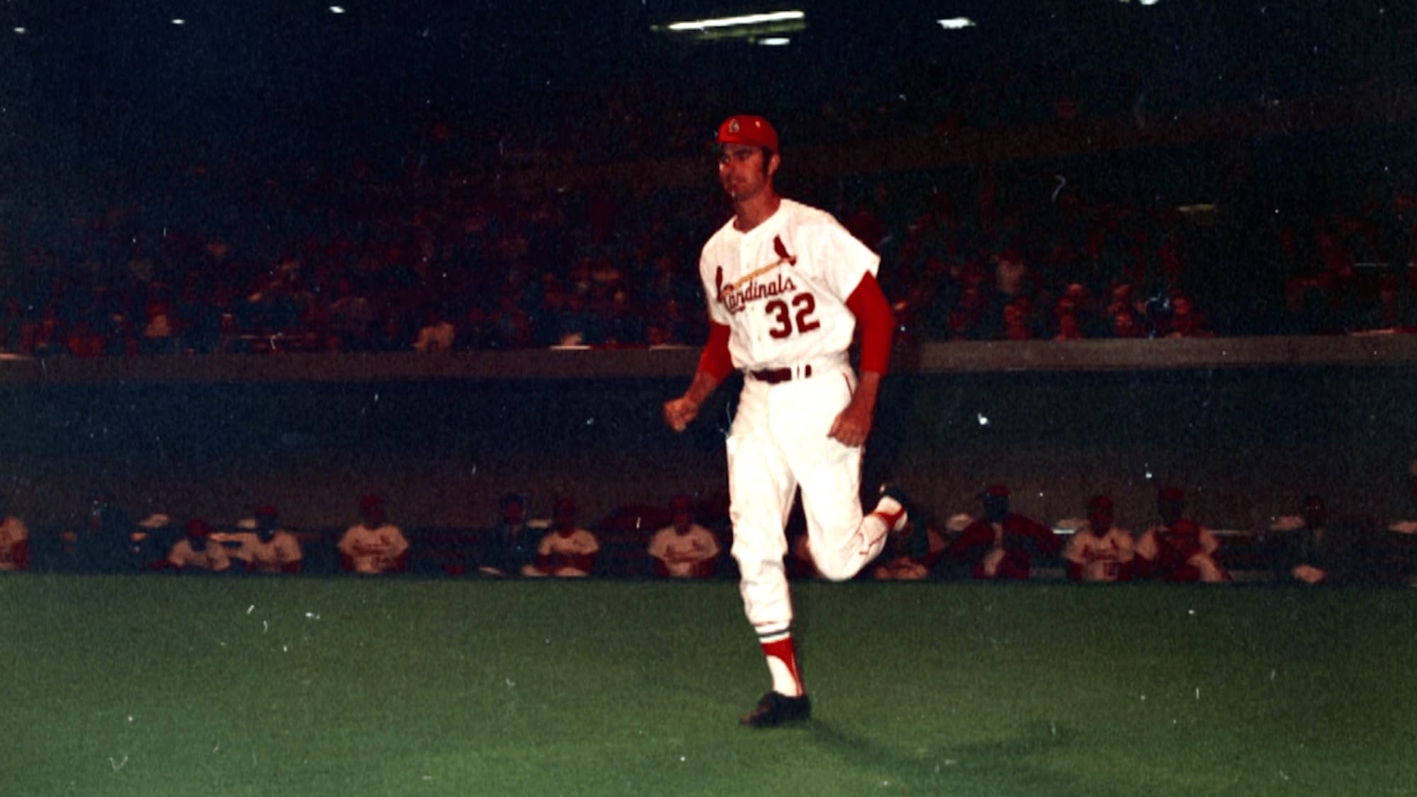 Carlton, No. 32, at Busch Memorial Stadium.