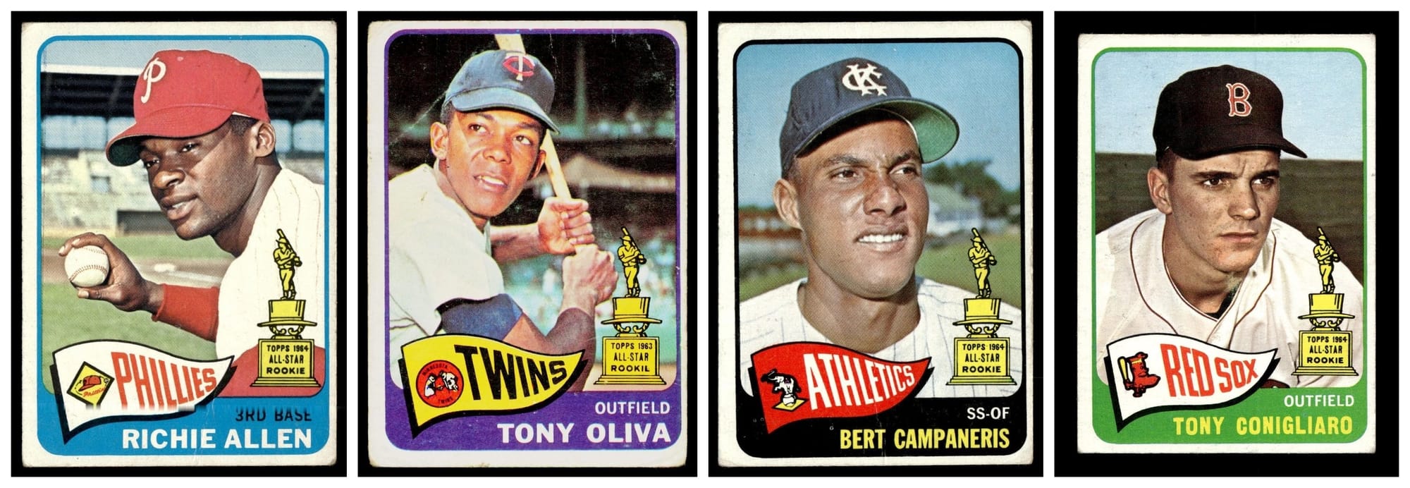 1965 Topps, the best-looking set Topps ever made: Richie Allen #460, Tony Oliva #340, Bert Campaneris #266 and Tony Conigliaro #55.