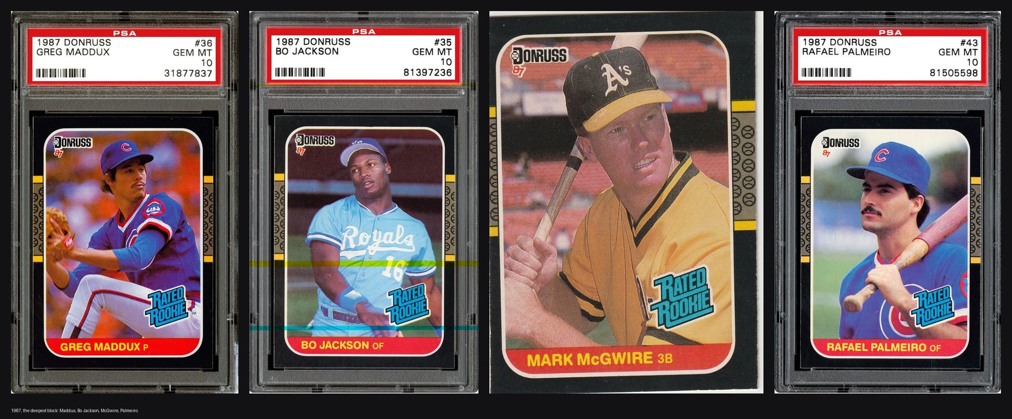 1987, the deepest block the subset ever produced: Maddux, Bo Jackson, McGwire, Palmeiro.