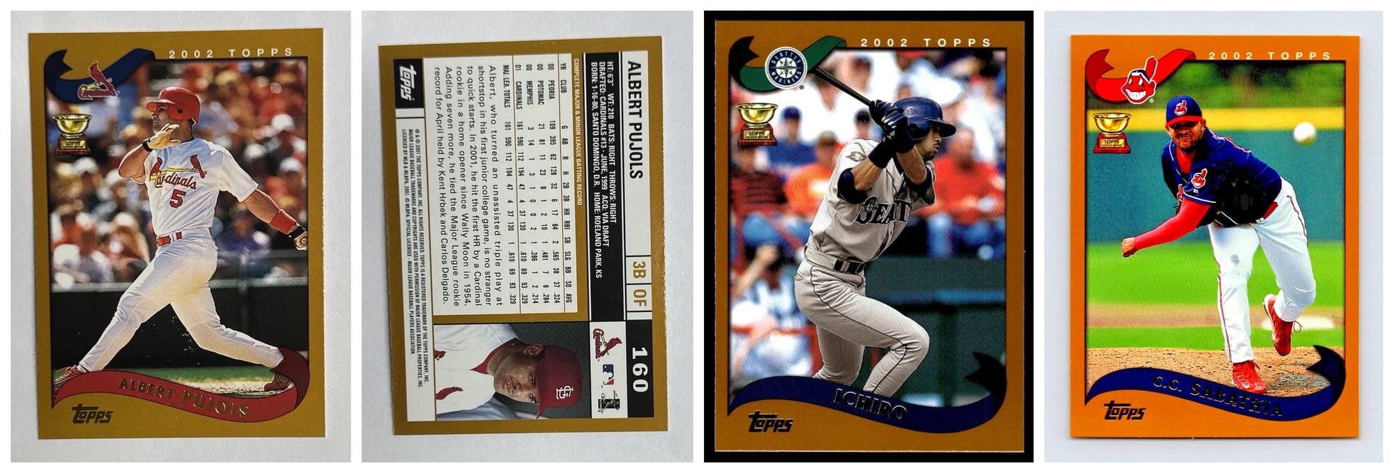 2002 Topps: Albert Pujols #160, front and back. The player pictured on the back is Placido Polanco. Beside them, Ichiro Suzuki #225 and a 20-year-old CC Sabathia #163.