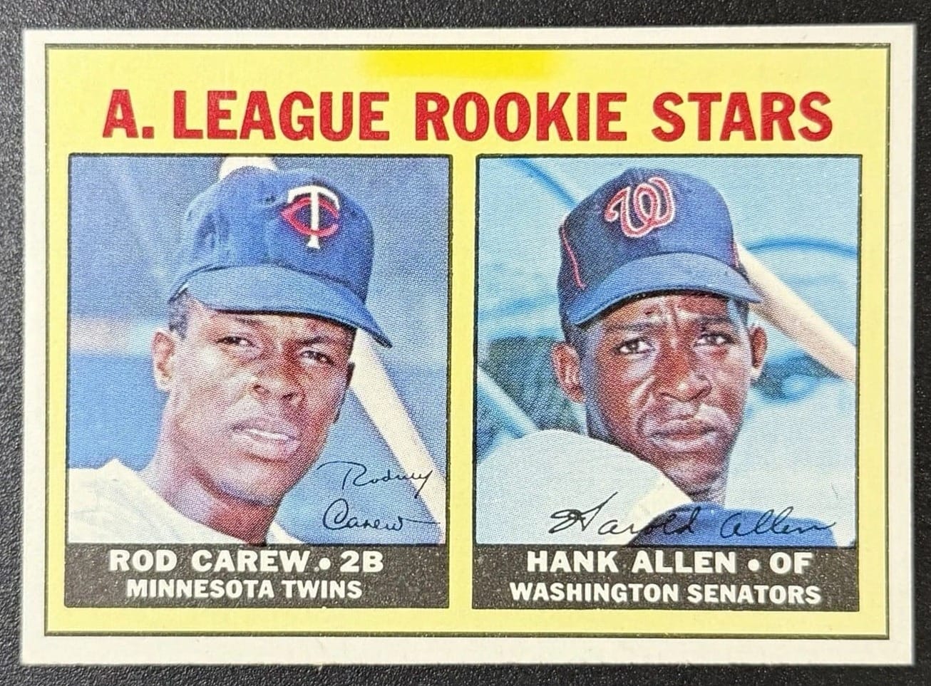 1967 Topps #569 — read the fine print: Rod Carew of the Twins beside Hank Allen of the WASHINGTON SENATORS. An entire league sharing one rookie card.