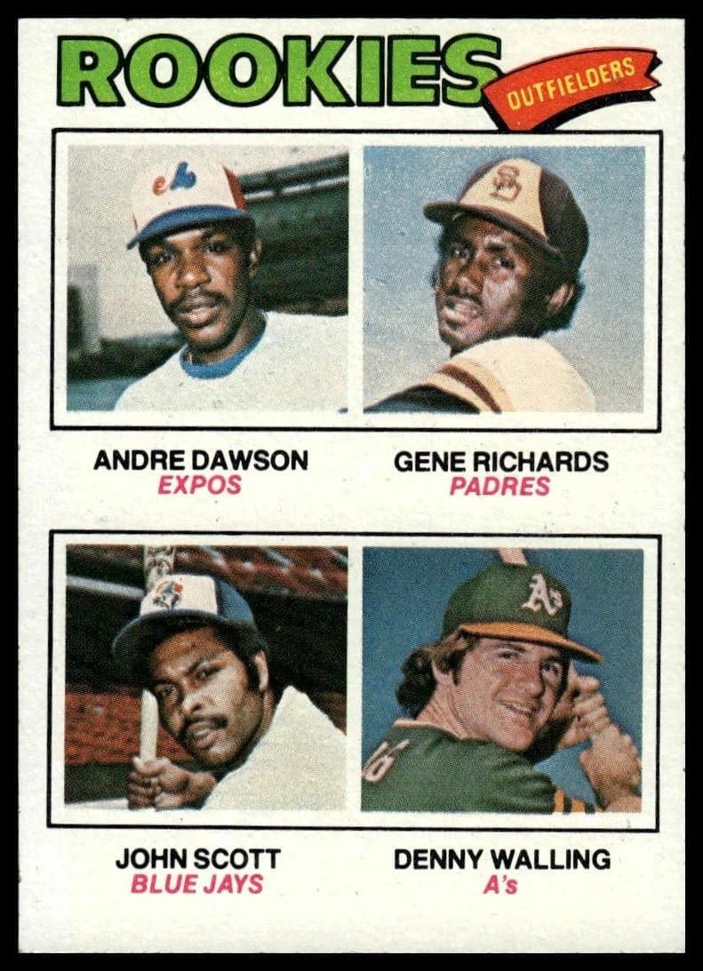 1977 Topps #473: Andre Dawson, Gene Richards, John Scott, Denny Walling. The Hawk at quarter scale.