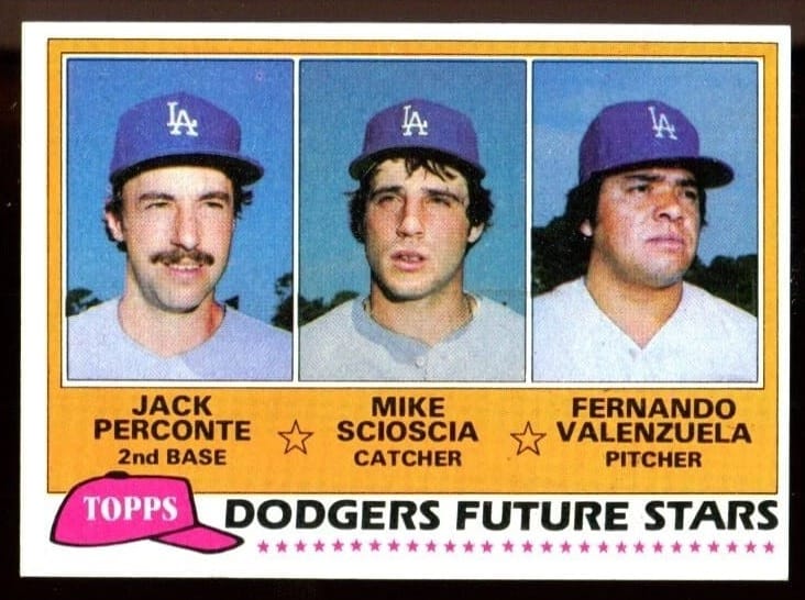 1981 Topps #302, Dodgers Future Stars — the rare double-hit: Mike Scioscia AND Fernando Valenzuela (with Jack Perconte).