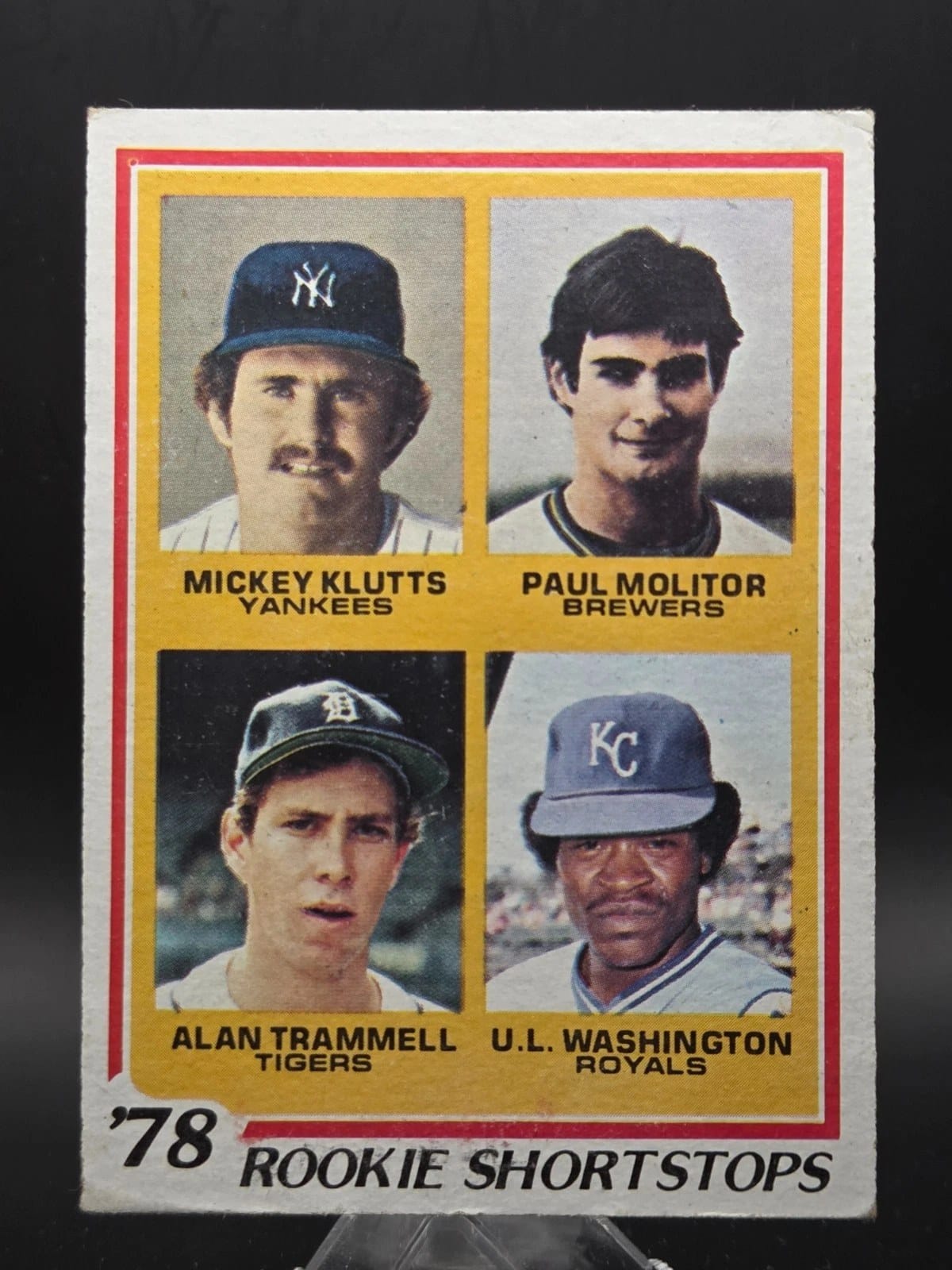 1978 Topps #707: Mickey Klutts, Paul Molitor, Alan Trammell, U.L. Washington. Two Hall of Famers, one card.