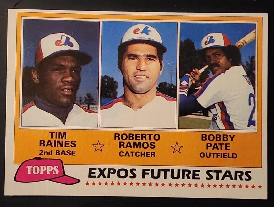 1981 Topps #479, Expos Future Stars: Tim Raines, Roberto Ramos, Bobby Pate.