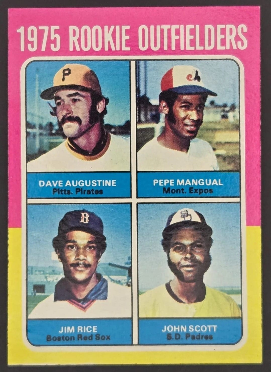 1975 Topps #616: Jim Rice, with Dave Augustine, Pepe Mangual and John Scott.