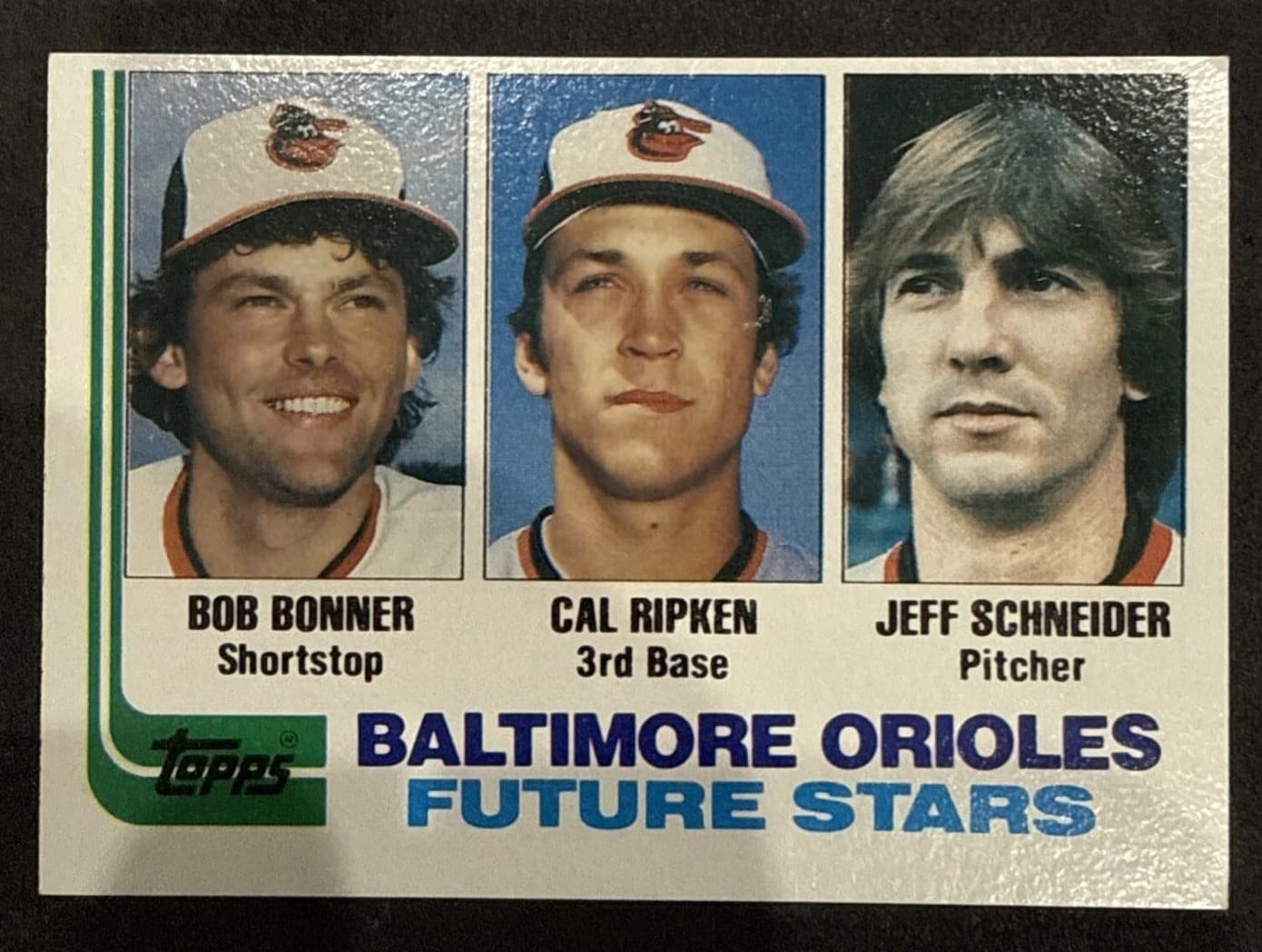 1982 Topps #21: Bob Bonner, Cal Ripken, Jeff Schneider. Note it reads simply “Cal Ripken.”
