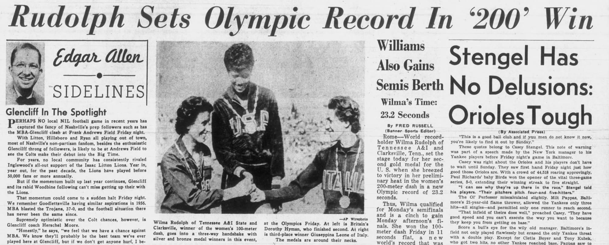 "Rudolph Sets Olympic Record in '200' Win" — Nashville Banner, Sept. 3, 1960.