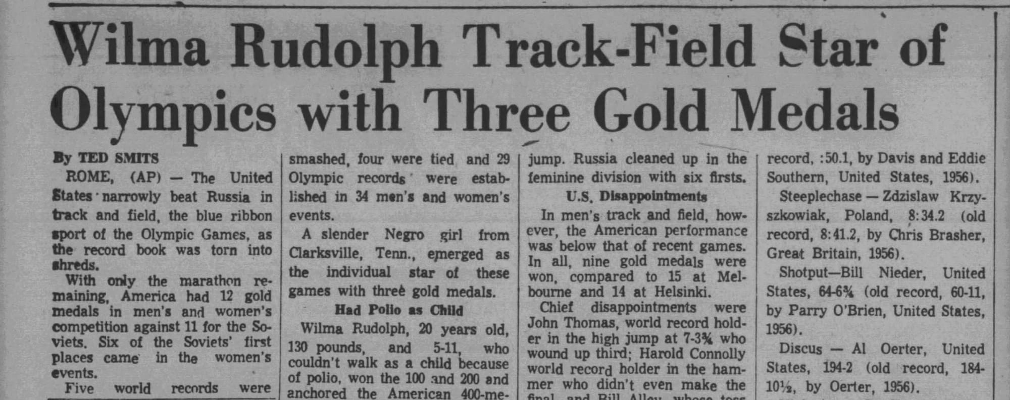 "Track-Field Star of Olympics with Three Gold Medals" — The Herald News, Sept. 9, 1960.