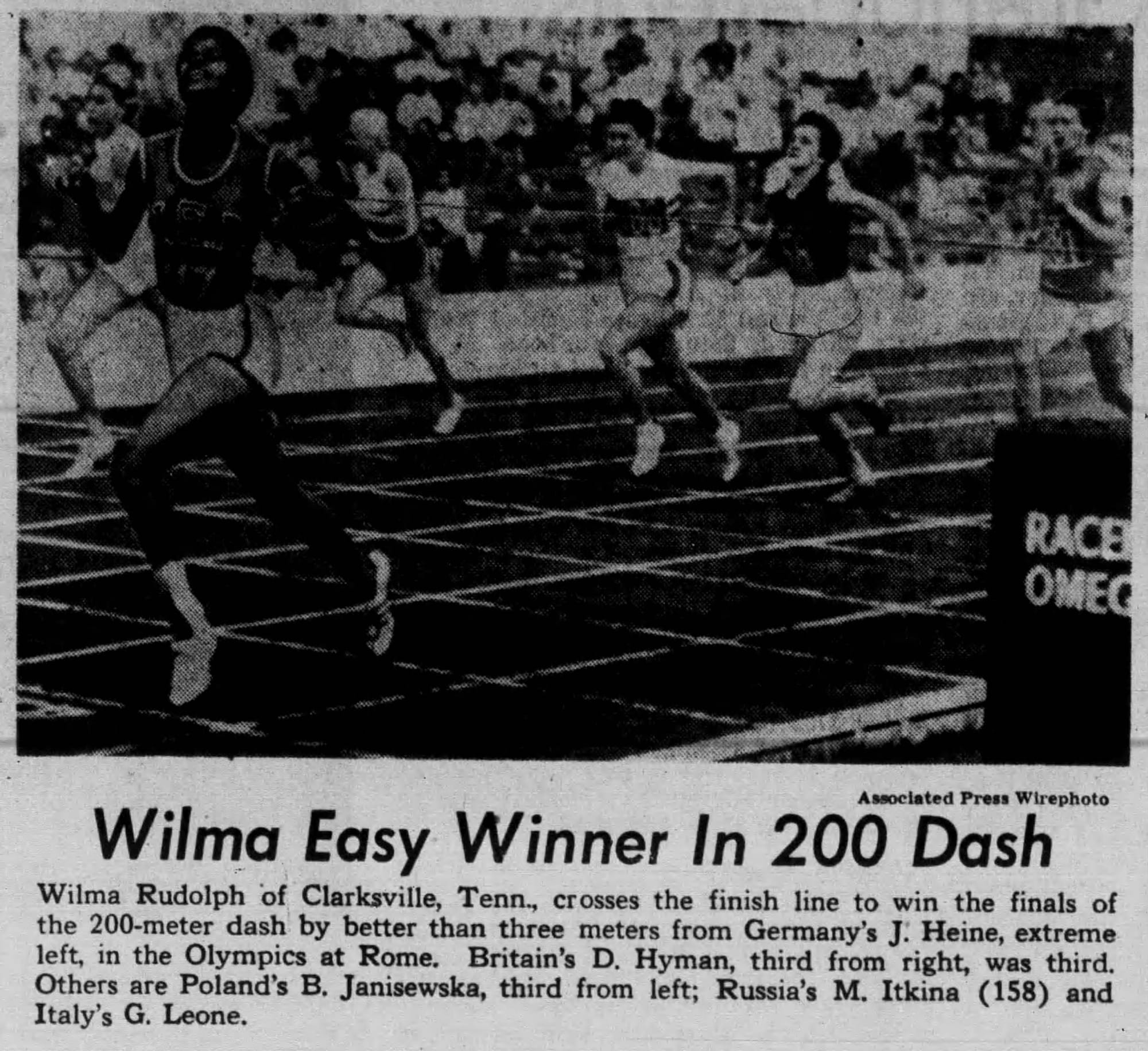 The 200m final in print: "Wilma Easy Winner In 200 Dash" — The Louisville Times, Sept. 6, 1960 (AP wirephoto).