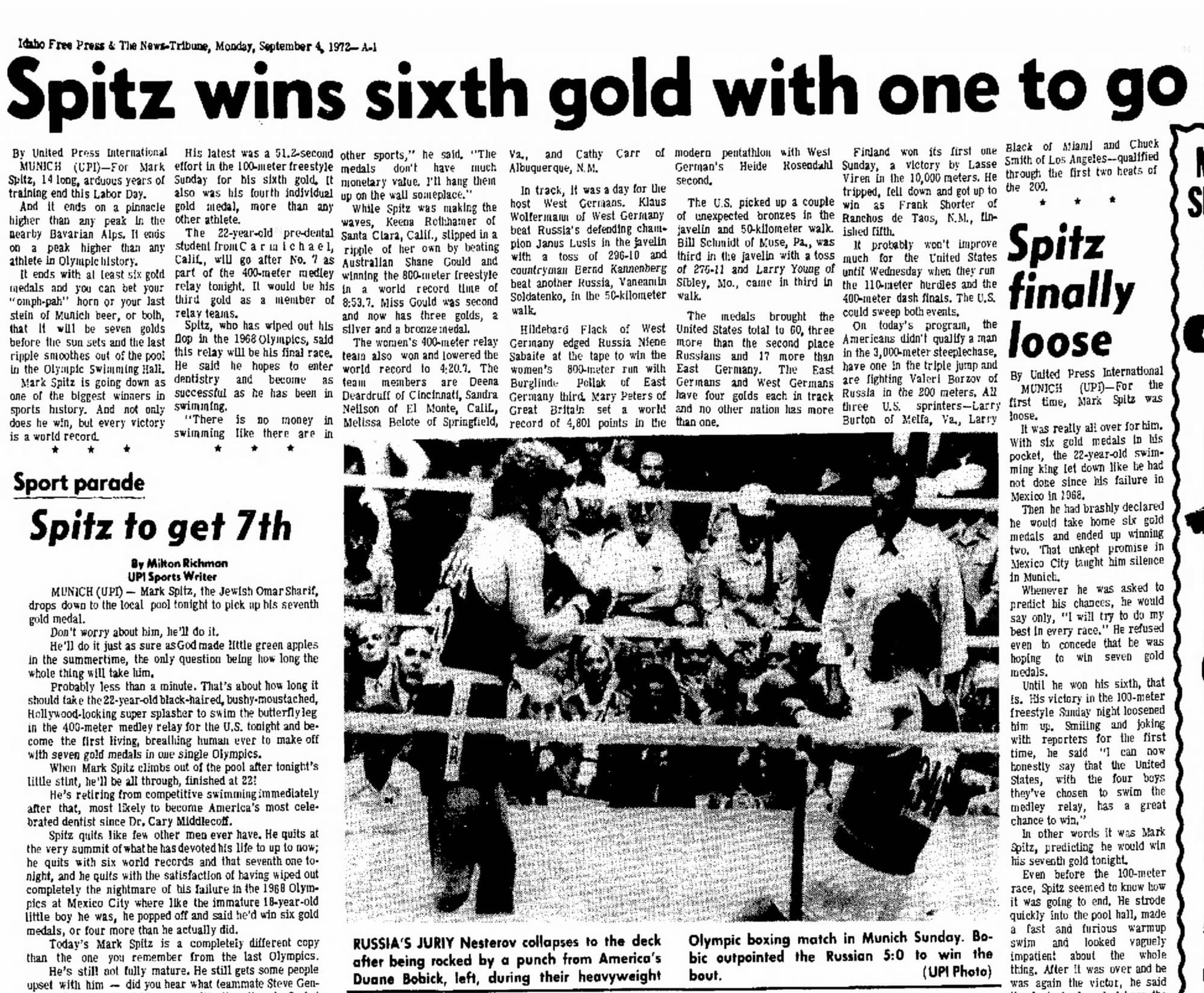 “Spitz wins sixth gold with one to go” — and, in the sidebar, “Spitz to get 7th.” The morning papers of Sept. 4, 1972.