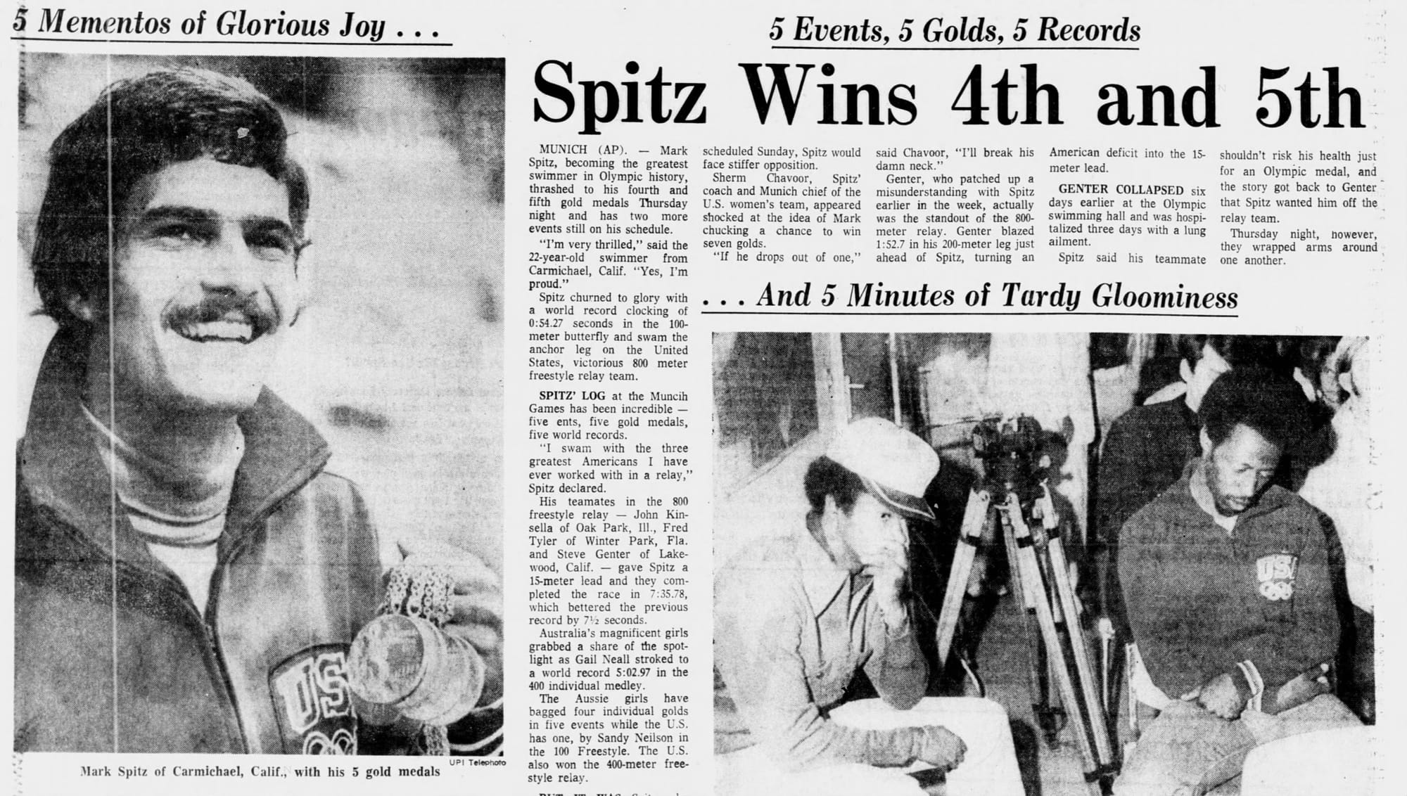 “Spitz Wins 4th and 5th... And 5 Minutes of Tardy Gloominess” — Philadelphia Inquirer, Sept. 1, 1972.