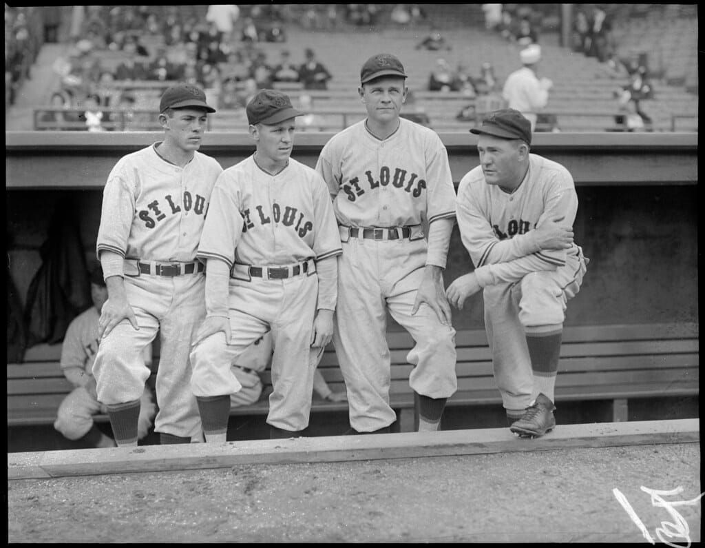 Browns players in the "St. Louis" road grays of the early 1950s.