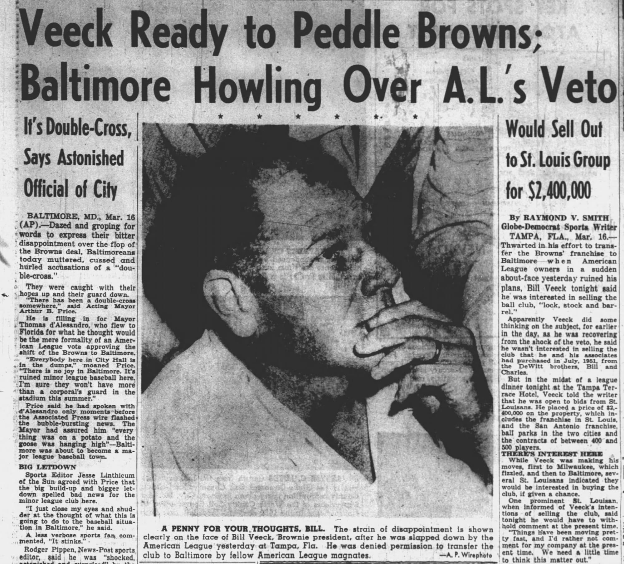 St. Louis Globe-Democrat, March 17, 1953: the American League vetoes the first Baltimore move, and Veeck is "ready to peddle" the club.