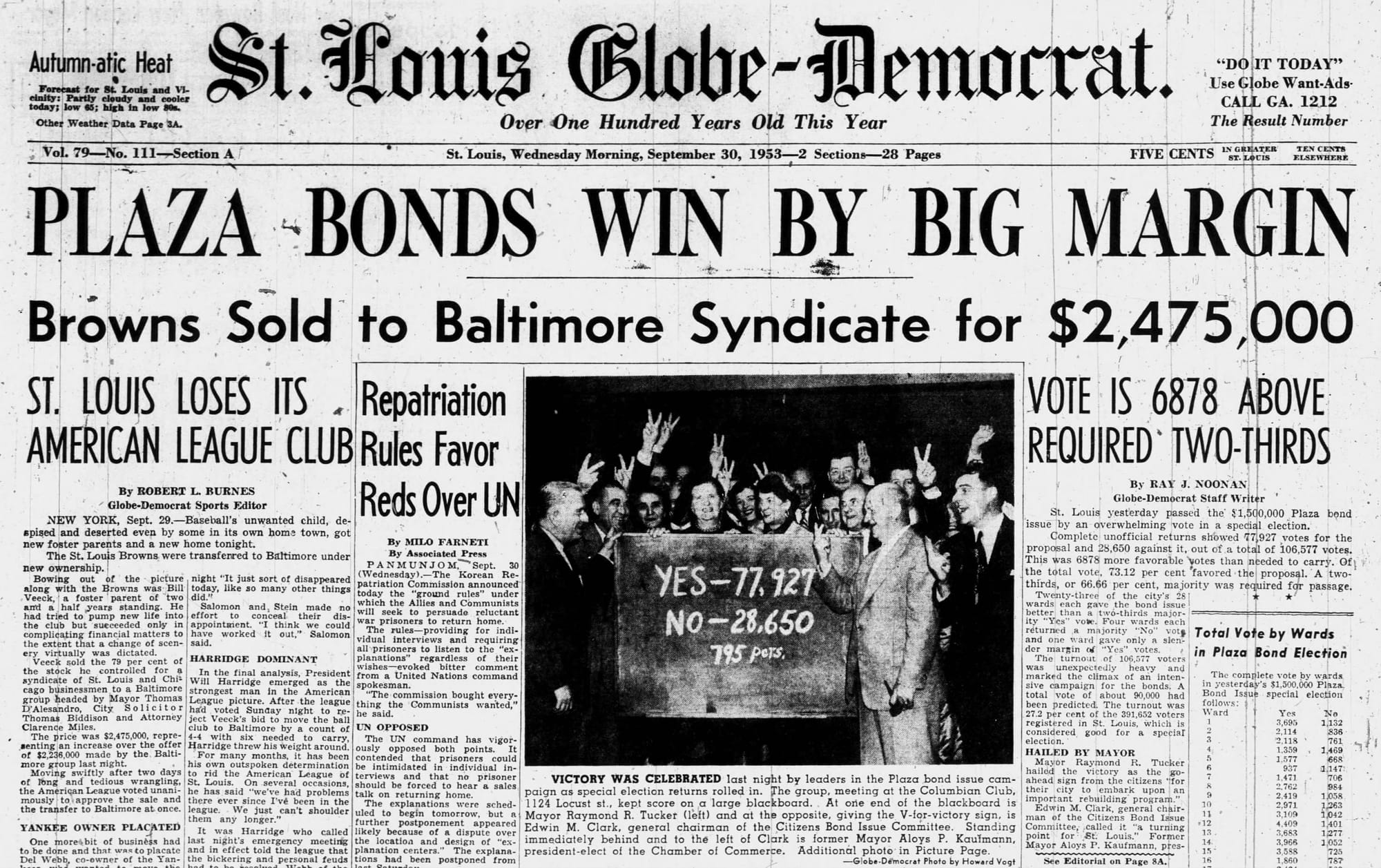 St. Louis Globe-Democrat, Sept. 30, 1953: sold to a Baltimore syndicate for $2,475,000.