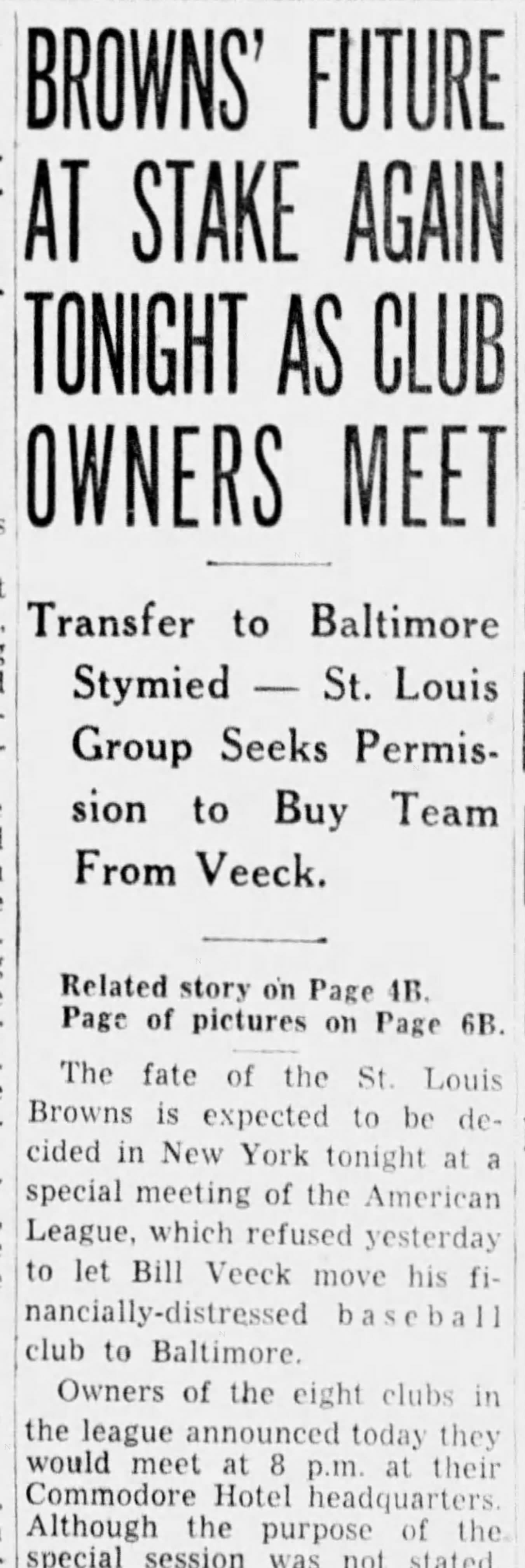 St. Louis Post-Dispatch, Sept. 28, 1953: the morning after the last game, the Browns' future is "at stake again tonight" as the owners meet in New York.