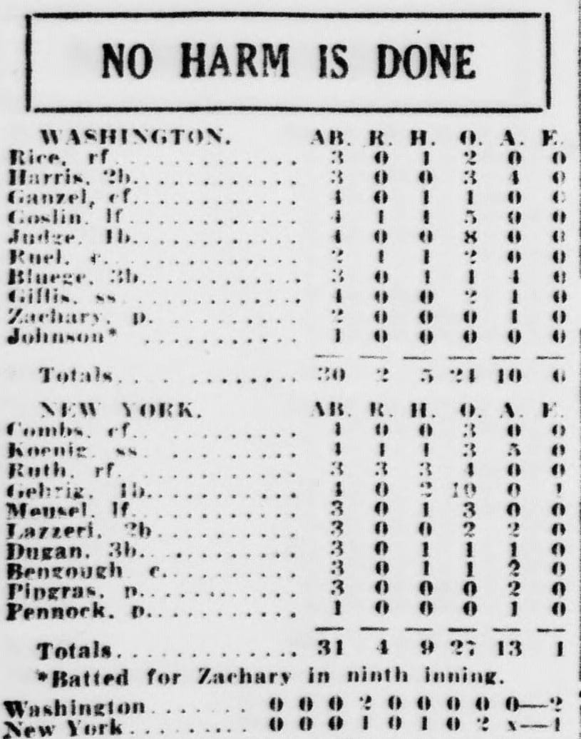 The Washington Evening Star box score, Oct. 1, 1927. Ruth 3-for-3. Johnson 0-for-1: "Batted for Zachary in ninth inning."