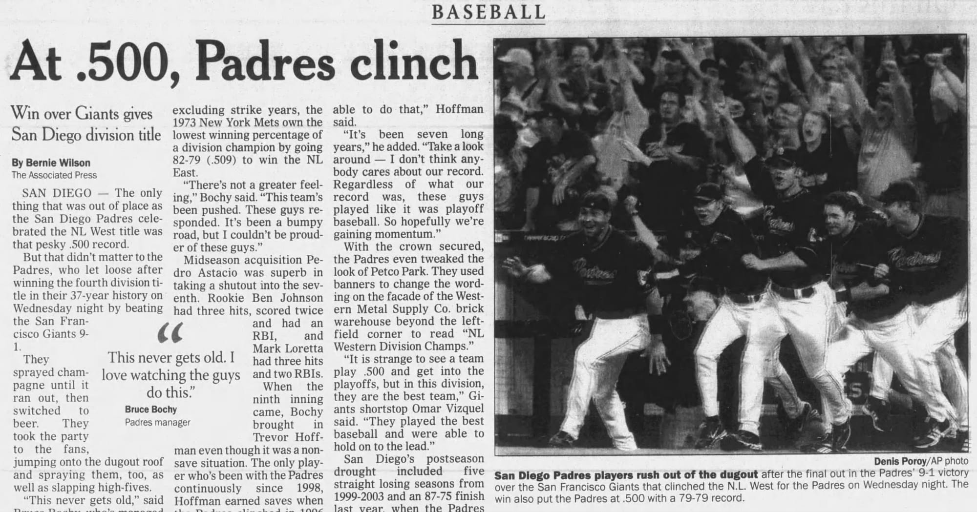The Sun Journal, Sept. 30, 2005: "At .500, Padres clinch."