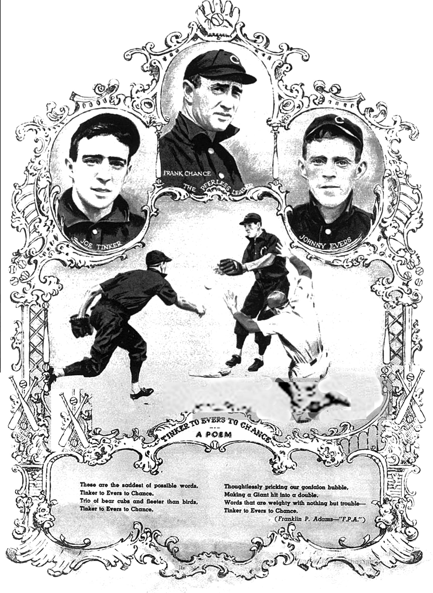 The poem as it was sold to Chicago: a framed print with the three portraits and the double play underneath.