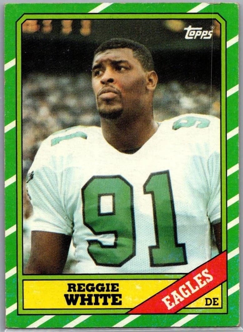 1986 Topps #275: Reggie White, Philadelphia Eagles. He'd jumped from the Showboats a year before the league folded.