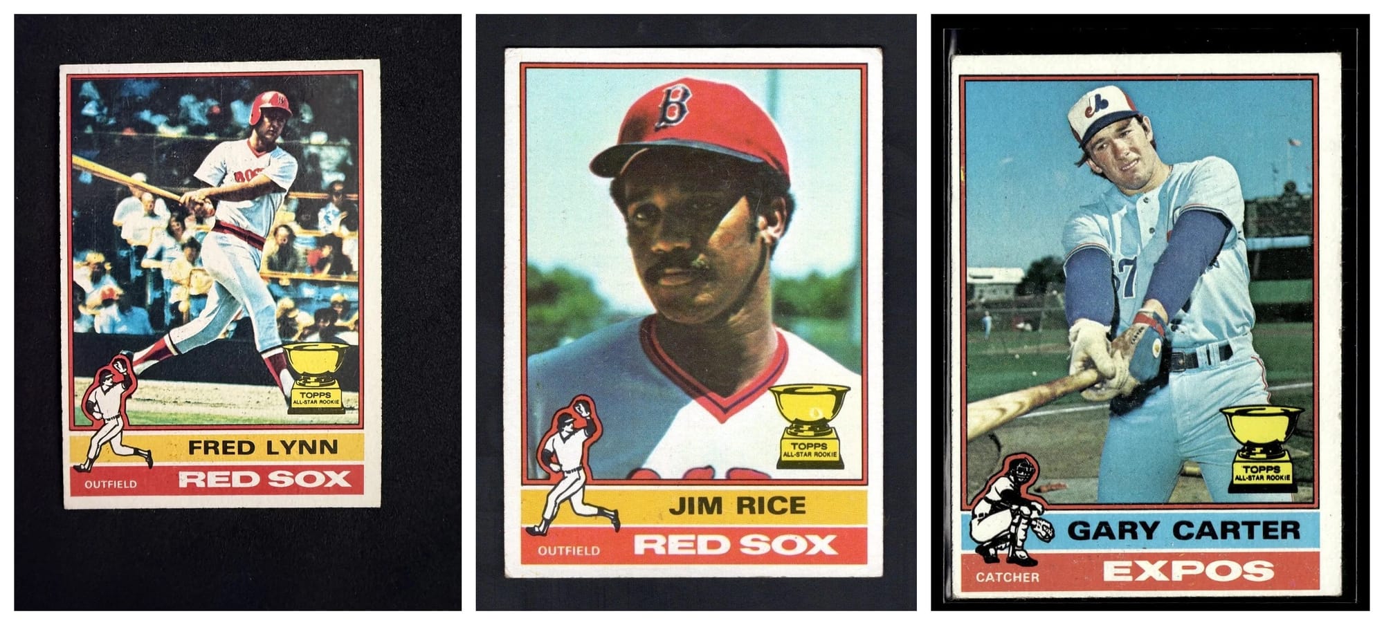1976 Topps: Fred Lynn #50, Jim Rice #340 and Gary Carter #441.