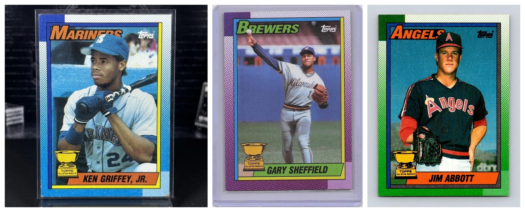1990 Topps: Ken Griffey Jr. #336, Gary Sheffield #718 and Jim Abbott #675.