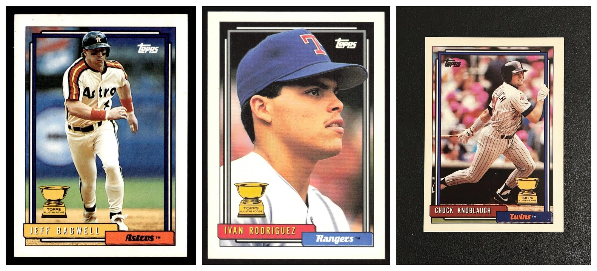 1992 Topps: Jeff Bagwell #520, a 19-year-old Ivan Rodriguez #78, and Chuck Knoblauch #23. The last cups printed on gray cardboard.