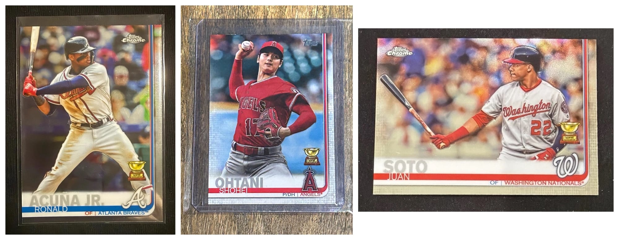 The 2018 team: Ronald Acuña Jr. and Juan Soto on their 2019 Topps Chrome cards, and Shohei Ohtani's 2019 Topps #250, where Topps listed him as