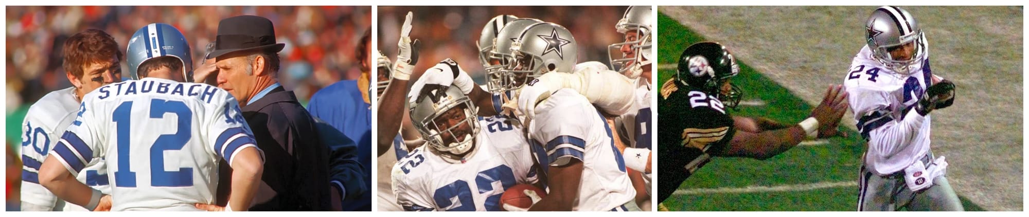 Three decades of Dallas Januaries: Roger Staubach in the 1970s, Emmitt Smith in the 1990s, and Larry Brown intercepting Pittsburgh in Super Bowl XXX.