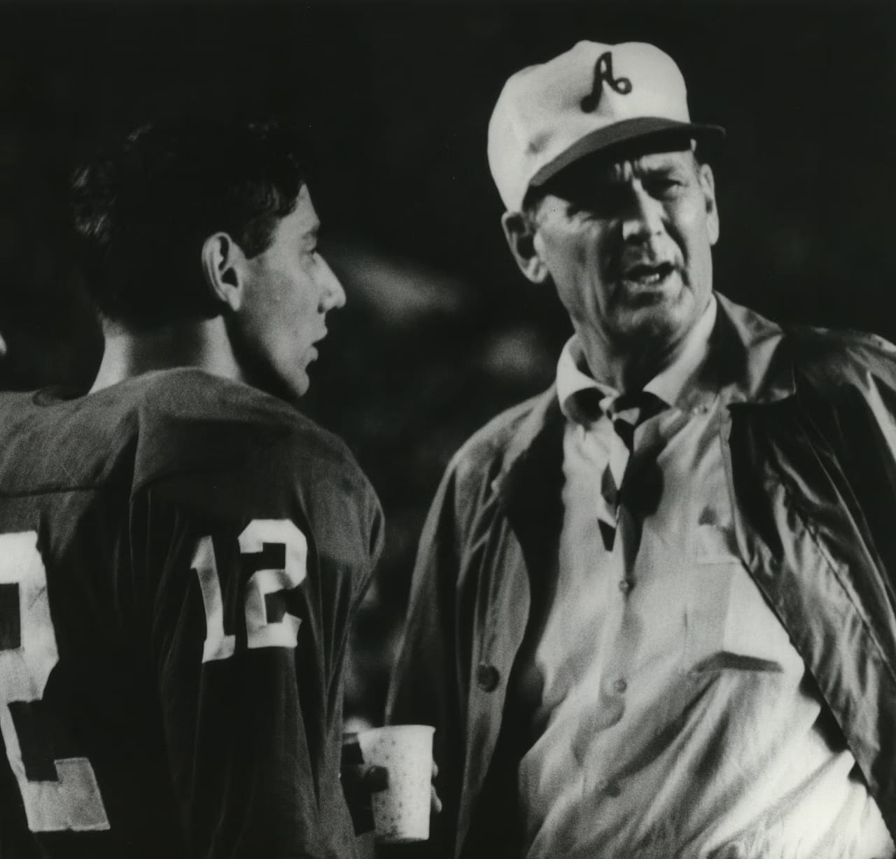 Joe Namath and Bear Bryant on the Alabama sideline. Bryant sent him in; Nobis sent him back.